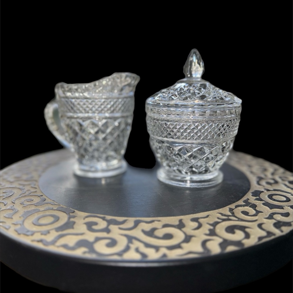 Vintage Anchor Hocking Wexford Diamond Clear Glass Cream and Covered Sugar Set